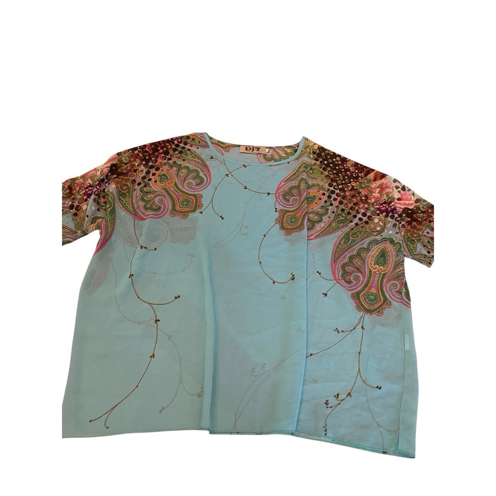 Women's Sheer Chiffon Top Paisley Floral Blouse Short Sleeve Light Blue One Size